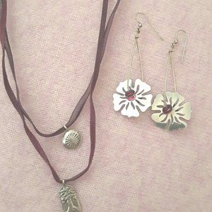 Vintage 1980's Sterling Silver Earrings and J.Jill Silk/Suede, Sterling Necklace